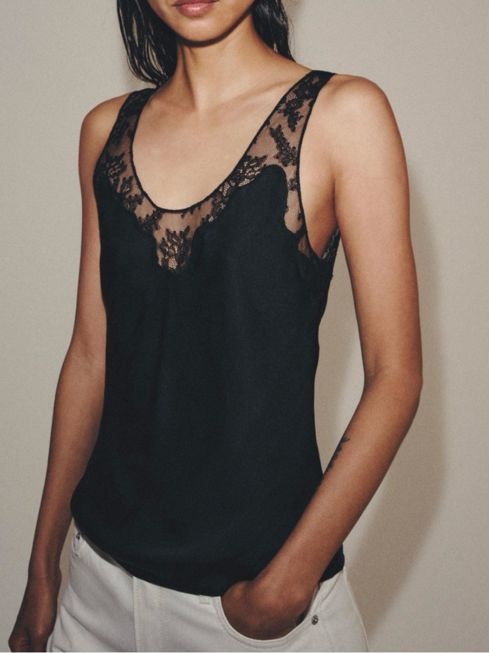 ZARA ZW Collection Black Satin Lace Camisole Slip Top V-Neck NWT Size L